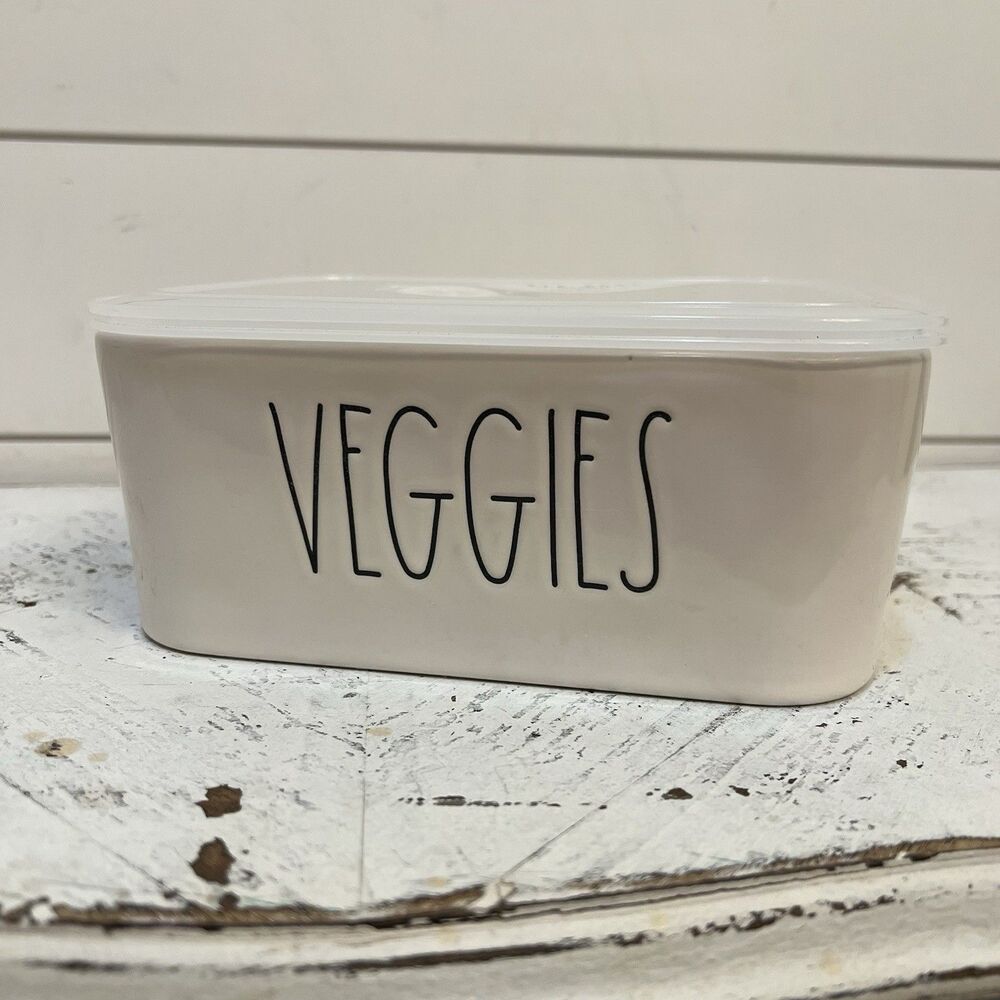 Rae Dunn "VEGGIES" Rectangle Ceramic Bowl Container With Vented Lid,